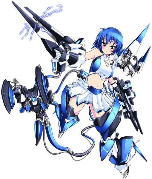 Anime picture 1613x1900 with original nikupizzau single tall image blush short hair simple background white background bare shoulders blue hair looking away pink eyes bare belly mechanical girl navel weapon miniskirt