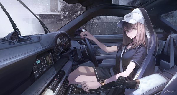 Anime picture 4093x2205 with original porsche koh (minagi kou) single long hair looking at viewer fringe highres brown hair wide image sitting brown eyes signed absurdres parted lips short sleeves shaded face rain car interior driving