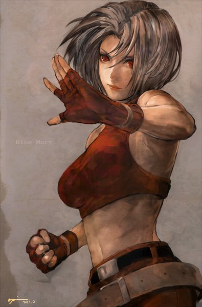 Anime picture 967x1468 with the king of fighters snk blue mary opiu (artist) single tall image short hair simple background red eyes brown hair signed bare belly fighting stance girl gloves belt fingerless gloves fist