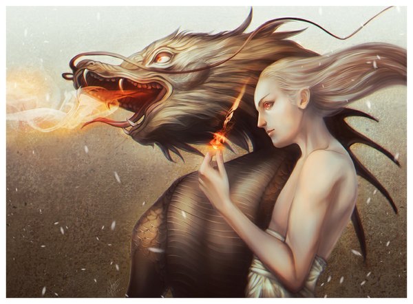 Anime picture 1030x760 with original juuhanna long hair open mouth blonde hair bare shoulders profile teeth orange eyes fang (fangs) magic topless framed sharp teeth boy fire dragon