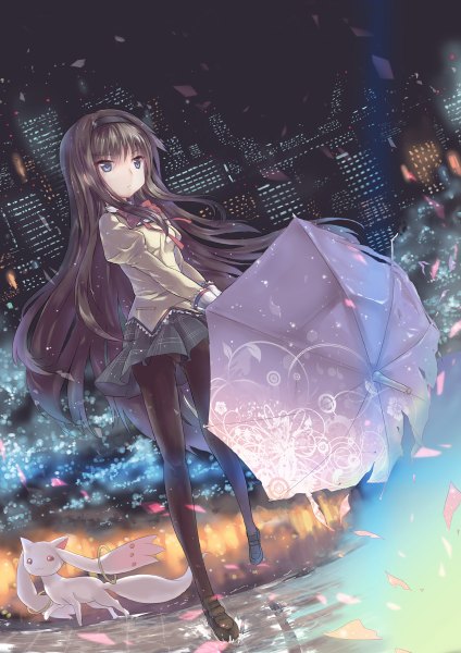 Anime picture 848x1200 with mahou shoujo madoka magica shaft (studio) akemi homura kyuubee north abyssor single long hair tall image blue eyes black hair city lights girl skirt uniform school uniform petals pantyhose hairband black pantyhose umbrella