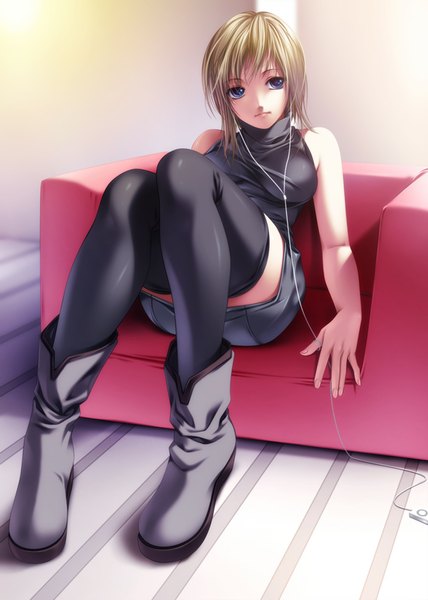 Anime picture 714x1000 with original ipod rezi single tall image short hair blue eyes blonde hair sitting girl thighhighs black thighhighs boots headphones couch wire (wires)