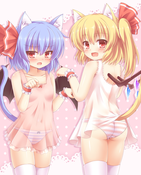 Anime picture 1000x1242 with touhou flandre scarlet remilia scarlet yuu (yu0221f) tall image blush short hair open mouth light erotic blonde hair red eyes multiple girls animal ears blue hair cat ears cat girl cat tail underwear only girl thighhighs