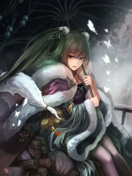 Anime picture 900x1200 with vocaloid hatsune miku crazat ran shang single long hair tall image looking at viewer green eyes green hair girl dress fur insect butterfly umbrella oriental umbrella