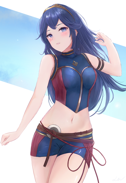 Anime picture 1080x1561 with fire emblem fire emblem awakening fire emblem cipher nintendo lucina (fire emblem) leonmandala single long hair tall image looking at viewer blush fringe blue eyes simple background standing white background bare shoulders signed blue hair parted lips