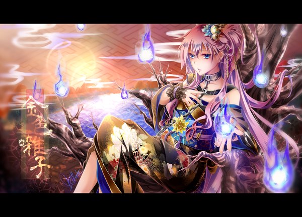 Anime picture 1500x1082 with vocaloid megurine luka tyouya single long hair looking at viewer sitting pink hair traditional clothes japanese clothes aqua eyes letterboxed girl hair ornament flower (flowers) plant (plants) tree (trees) kimono obi sun