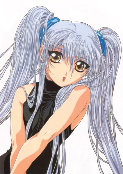 Anime picture 2400x3400 with martian successor nadesico xebec hoshino ruri gotoh keiji single long hair tall image highres open mouth simple background white background twintails bare shoulders yellow eyes blue hair sleeveless girl