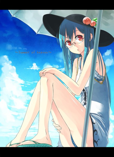 Anime picture 1158x1601 with touhou hinanawi tenshi ibuki notsu single long hair tall image red eyes sitting blue hair looking away sky cloud (clouds) beach girl swimsuit hat glasses beach umbrella peach