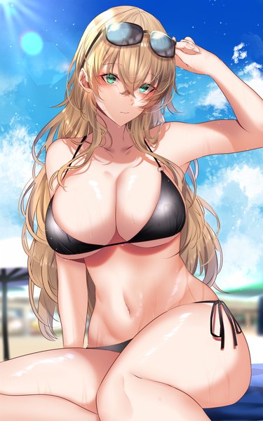 Anime picture 1280x2046 with original onineko-chan single long hair tall image looking at viewer fringe breasts light erotic blonde hair hair between eyes large breasts sitting green eyes sky cloud (clouds) outdoors sunlight wet depth of field