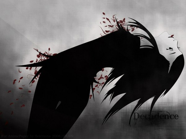Anime picture 1600x1200 with ergo proxy re-l mayer single short hair black hair simple background holding signed looking away grey background mouth hold monochrome silhouette spot color girl flower (flowers) petals insect butterfly pants
