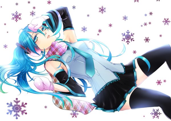Anime picture 3035x2149 with vocaloid hatsune miku buretin ai (pixiv2794975) single long hair highres blue eyes twintails blue hair girl skirt detached sleeves miniskirt necktie headphones scarf snowflake (snowflakes) mittens