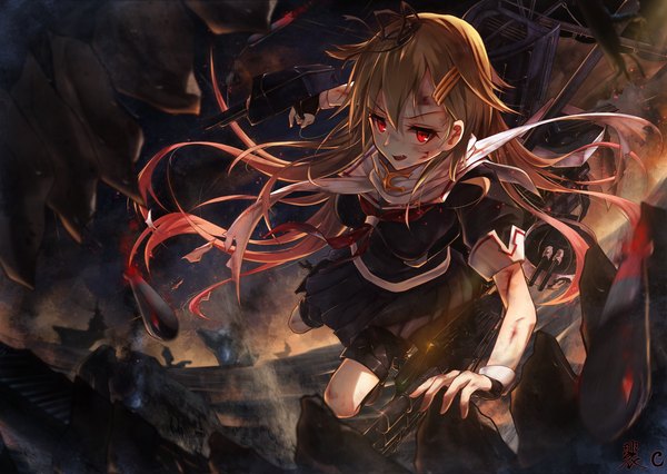 Anime picture 1800x1279 with kantai collection yuudachi destroyer bae.c single long hair looking at viewer fringe highres breasts open mouth blonde hair red eyes sky bent knee (knees) red hair pleated skirt leaning leaning forward standing on one leg smoke