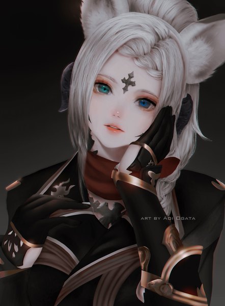 Anime picture 1110x1505 with final fantasy final fantasy xiv square enix au ra aoi ogata single long hair tall image looking at viewer fringe blue eyes simple background signed animal ears payot upper body braid (braids) parted lips head tilt horn (horns)