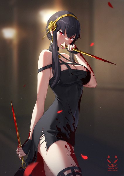 Anime-Bild 1500x2122 mit spy x family yor briar shadow cat single long hair tall image looking at viewer fringe breasts light erotic black hair hair between eyes red eyes large breasts cleavage nail polish sleeveless torn clothes covered mouth blood on face
