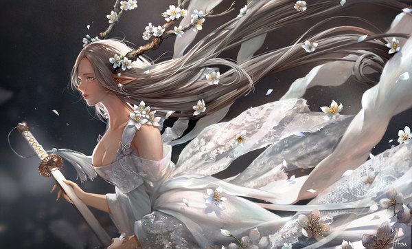 Anime picture 1920x1159 with original majo single long hair highres breasts blue eyes wide image signed looking away parted lips horn (horns) wind realistic sheathed goddess girl dress flower (flowers) weapon