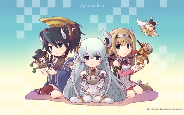 Anime picture 1280x800 with ar tonelico gust (company) aurica nestmile misha arsellec lune shurelia (ar tonelico) lyner barsett don leon hama (ar tonelico) tobe sunaho long hair looking at viewer fringe blue eyes black hair simple background smile hair between eyes brown hair wide image sitting