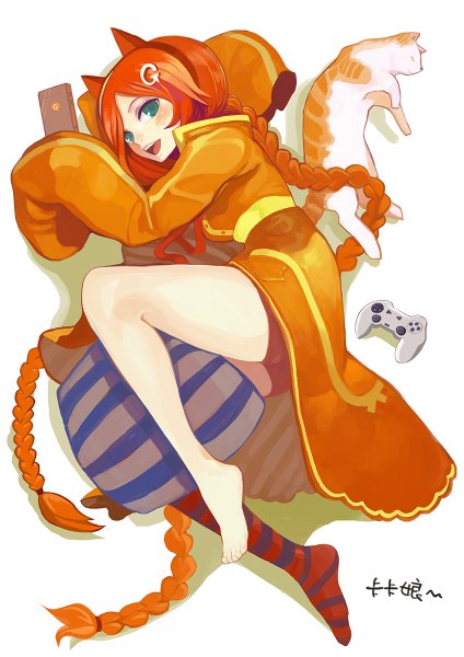 Anime picture 848x1200 with canking single tall image blush open mouth smile green eyes long sleeves very long hair orange hair legs girl thighhighs hair ornament animal shorts hairclip pillow cat single thighhigh