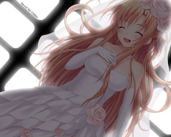 Anime picture 800x640 with sword art online a-1 pictures yuuki asuna korotan single long hair blush open mouth blonde hair smile bare shoulders eyes closed hair flower wedding girl dress gloves hair ornament flower (flowers) elbow gloves