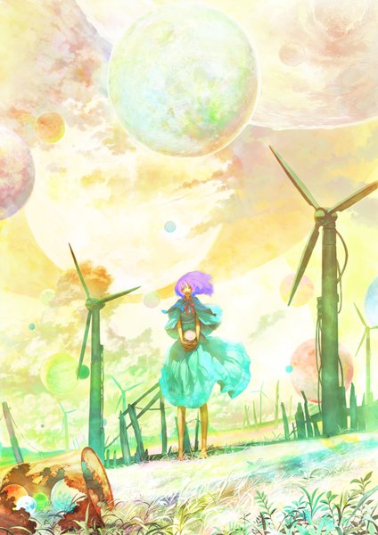 Anime picture 2480x3508 with original kio naoki (artist) single tall image highres smile holding purple hair cloud (clouds) eyes closed barefoot wind field girl dress bow cloak planet can
