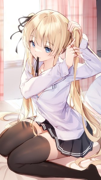 Anime picture 1200x2133 with saenai heroine no sodatekata a-1 pictures sawamura spencer eriri bison cangshu single long hair tall image fringe blue eyes light erotic blonde hair sitting twintails holding looking away indoors long sleeves pleated skirt arms up mouth hold