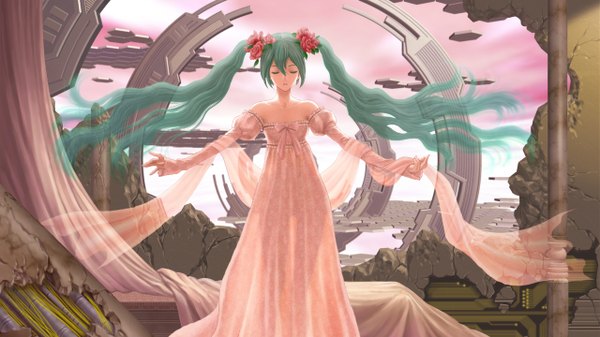 Anime picture 1280x720 with vocaloid hatsune miku single long hair wide image twintails eyes closed hair flower aqua hair spread arms ruins girl dress hair ornament