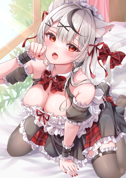 Anime picture 2894x4093 with virtual youtuber hololive sakamata chloe null maru single long hair tall image looking at viewer blush fringe highres breasts open mouth light erotic black hair red eyes large breasts sitting animal ears cleavage