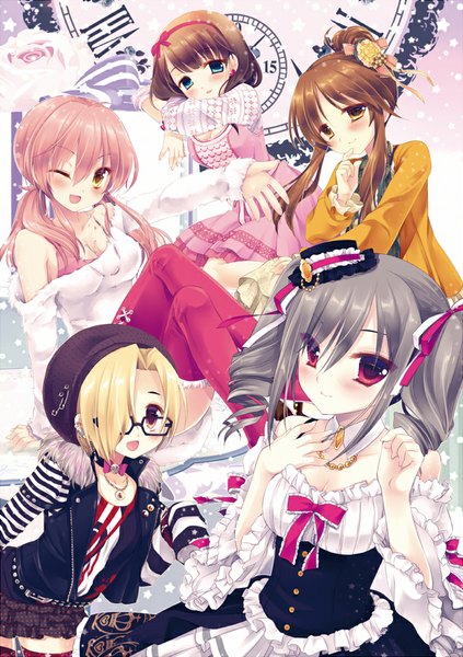 Anime picture 720x1021 with idolmaster idolmaster cinderella girls kanzaki ranko jougasaki mika shirasaka koume sakuma mayu takamori aiko risatsucho (artist) long hair tall image blush fringe short hair open mouth blue eyes blonde hair smile red eyes brown hair twintails