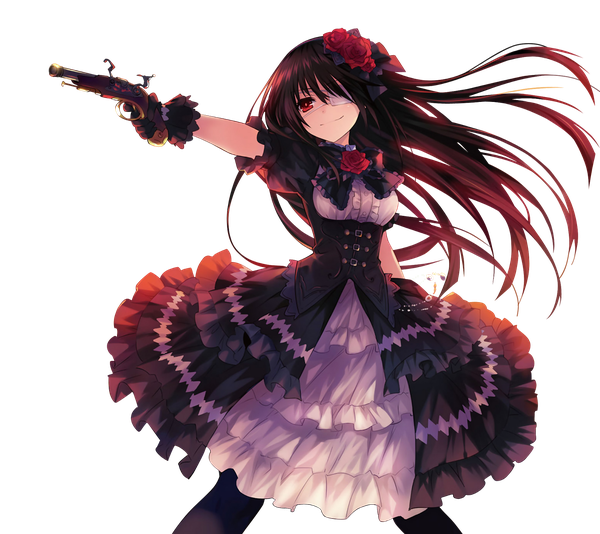 Anime-Bild 1600x1425 mit date a live tokisaki kurumi tagme (artist) single long hair fringe hair between eyes red eyes standing holding payot looking away red hair hair flower light smile wind puffy sleeves transparent background frilled dress rendered