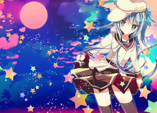 Anime picture 1248x900 with kantai collection hibiki destroyer verniy destroyer shiwasu horio long hair looking at viewer blue eyes blue hair cloud (clouds) red moon hammer and sickle girl thighhighs skirt black thighhighs star (symbol) moon sailor suit flat cap