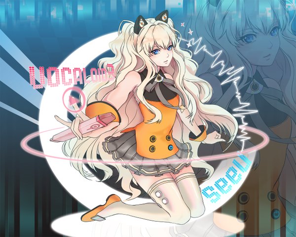 Anime picture 1300x1040 with vocaloid seeu single long hair blue eyes blonde hair animal ears sleeveless zoom layer girl thighhighs white thighhighs bracelet
