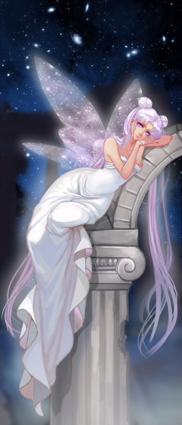 Anime picture 1673x3894 with bishoujo senshi sailor moon toei animation tsukino usagi neo queen serenity queen serenity tongyaohuan single tall image looking at viewer fringe purple eyes twintails bare shoulders cleavage purple hair bent knee (knees) very long hair hair bun (hair buns) sleeveless reclining