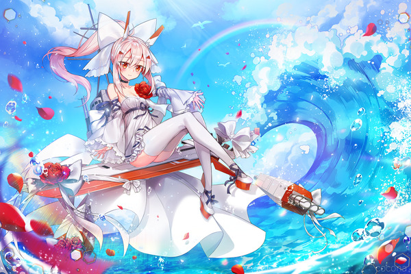 Anime picture 3000x2000 with azur lane ayanami (azur lane) milcona single long hair looking at viewer blush fringe highres hair between eyes sitting bare shoulders signed payot pink hair sky cleavage cloud (clouds) full body bent knee (knees)
