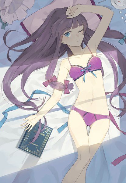 Anime picture 707x1024 with touhou patchouli knowledge hayashi kewi single long hair tall image looking at viewer blue eyes light erotic purple hair lying one eye closed from above wink bare belly on back underwear only girl navel underwear