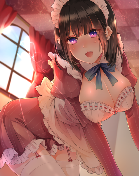 Anime picture 1500x1891 with original akit (15jamjam) single tall image blush short hair breasts open mouth light erotic black hair large breasts purple eyes cleavage maid girl thighhighs dress uniform white thighhighs headdress