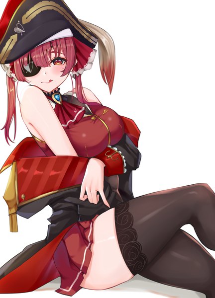 Anime picture 2900x4027 with virtual youtuber hololive houshou marine houshou marine (1st costume) cromwellb single long hair tall image looking at viewer highres breasts light erotic simple background red eyes white background sitting red hair breast hold :q girl