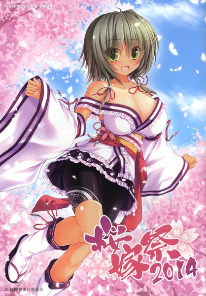 Anime picture 1948x2793 with original syroh single tall image blush highres short hair breasts open mouth light erotic large breasts green eyes grey hair scan cherry blossoms girl plant (plants) detached sleeves petals tree (trees)