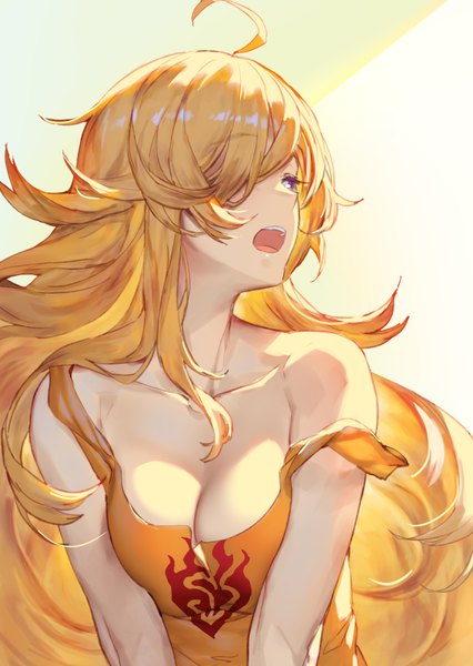 Anime picture 851x1199 with rwby rooster teeth yang xiao long ac (eshi) single long hair tall image fringe breasts open mouth blonde hair looking away cleavage ahoge upper body hair over one eye strap slip breast squeeze waking up girl