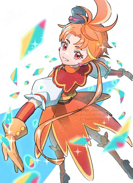 Anime picture 1093x1500 with precure hirogaru sky! precure toei animation yuunagi tsubasa cure wing chon chiyon single tall image smile red eyes full body very long hair orange hair sparkle grin spread arms low ponytail boy gloves hat