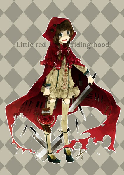 Anime picture 1000x1412 with little red riding hood little red riding hood (character) big bad wolf yuuya (pixiv1797060) single long hair tall image looking at viewer fringe brown hair braid (braids) black eyes inscription twin braids rhombus girl thighhighs weapon hood cape