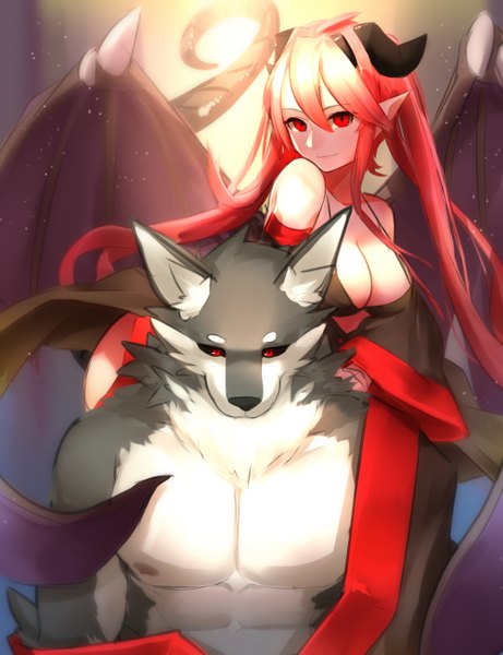 Anime picture 1000x1300 with original ss0l (skghek) long hair tall image looking at viewer fringe breasts light erotic smile red eyes pink hair cleavage tail head tilt horn (horns) wide sleeves demon girl demon tail demon wings girl