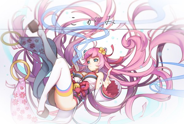 Anime picture 2983x2023 with original pixiv fantasia greetload single long hair looking at viewer highres breasts light erotic large breasts animal ears pink hair cleavage ahoge very long hair traditional clothes japanese clothes aqua eyes blurry magic