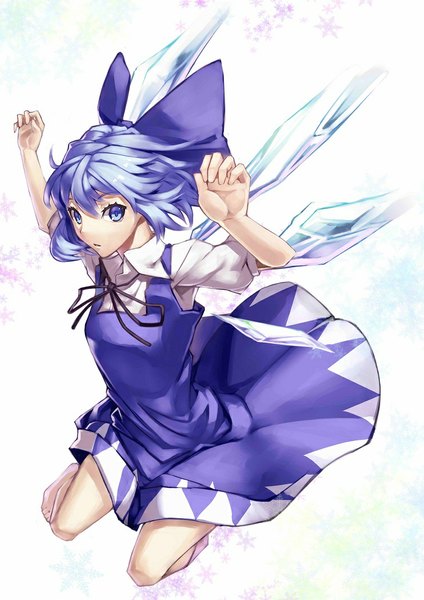 Anime picture 742x1049 with touhou cirno scottie (phantom2) single tall image short hair blue eyes white background blue hair looking away barefoot spread arms girl dress bow hair bow wings snowflake (snowflakes) ice