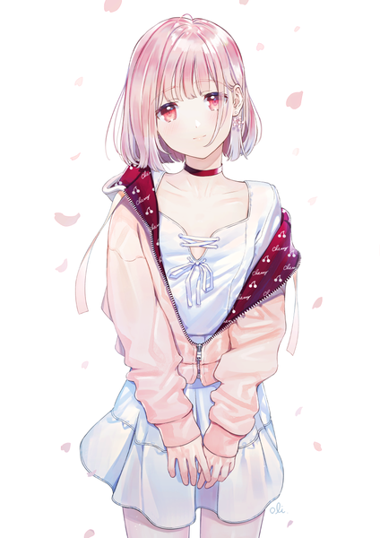 Anime picture 868x1228 with original oli single tall image looking at viewer blush fringe short hair breasts simple background smile hair between eyes standing white background signed pink hair blunt bangs long sleeves head tilt pleated skirt