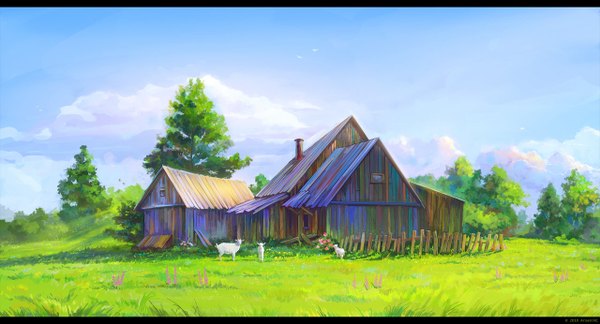 Anime picture 1280x692 with original arsenixc wide image cloud (clouds) letterboxed no people landscape village plant (plants) animal tree (trees) grass fence house goat farm