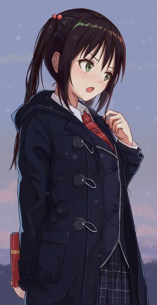 Anime picture 700x1355 with original itachi kanade single long hair tall image blush fringe open mouth black hair twintails green eyes looking away outdoors :o depth of field snowing valentine >:o girl uniform