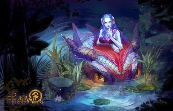 Anime picture 1366x881 with original pixiv fantasia pixiv pixiv fantasia new world achyue long hair looking at viewer breasts nail polish horn (horns) aqua hair inscription night orange eyes finger to mouth blue skin girl flower (flowers) plant (plants) water