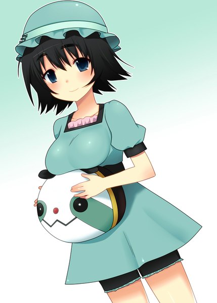 Anime picture 1280x1791 with steins;gate white fox shiina mayuri single tall image blush short hair breasts light erotic black hair simple background smile blue background breast rest girl dress hat shorts