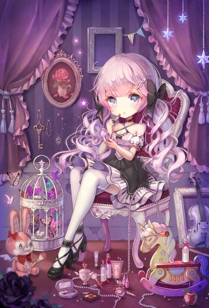 Anime picture 1373x2030 with original shiori (xxxsi) single long hair tall image looking at viewer purple eyes twintails pink hair cleavage drill hair lolita fashion makeup girl thighhighs dress white thighhighs curtains jewelry toy