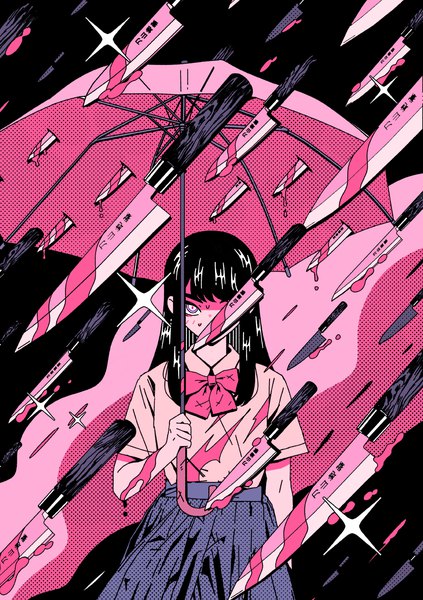 Anime picture 1080x1531 with original arkestar single long hair tall image looking at viewer blush fringe black hair simple background standing holding blunt bangs pleated skirt sparkle short sleeves black background covering covering face girl