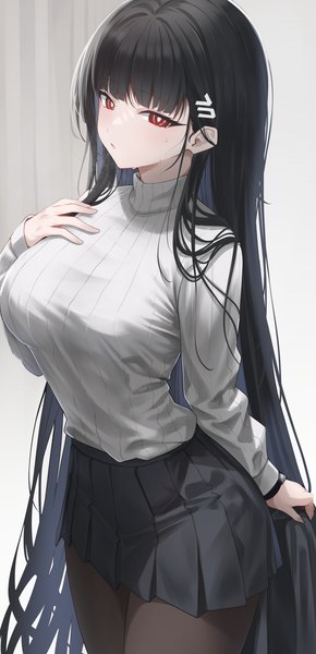 Anime-Bild 1976x4093 mit blue archive rio (blue archive) li zhu single tall image looking at viewer fringe highres breasts black hair red eyes standing blunt bangs long sleeves very long hair pleated skirt hand on chest sweatdrop breast hold girl